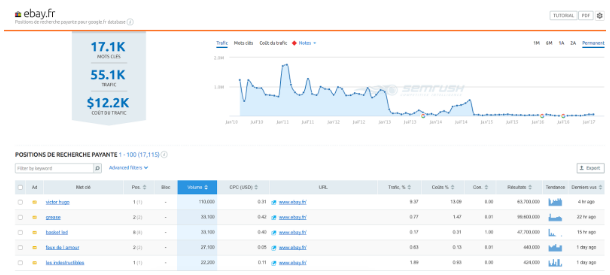 résultats de la recherche sur l’utilisation du référencement payant du site ebay grâce à l’outil SEMrush